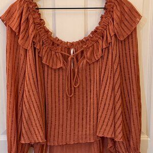 Anthropologie Off the Shoulder Ruffled Sheer Knit Top Size L